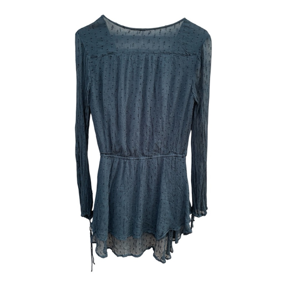 Free People Dahlia Deep Teal Clip Dot Peasant Drop Waist Mini Dress - Picture 3 of 7